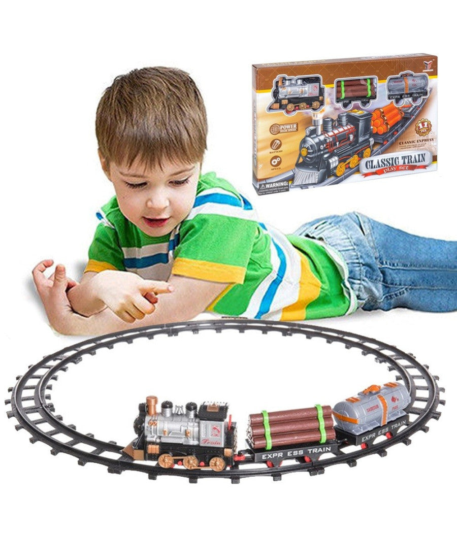 Pista Treno Trenino Per Bambini Lunghezza 144cm Con Binari Locomotiva E 2 Vagoni         