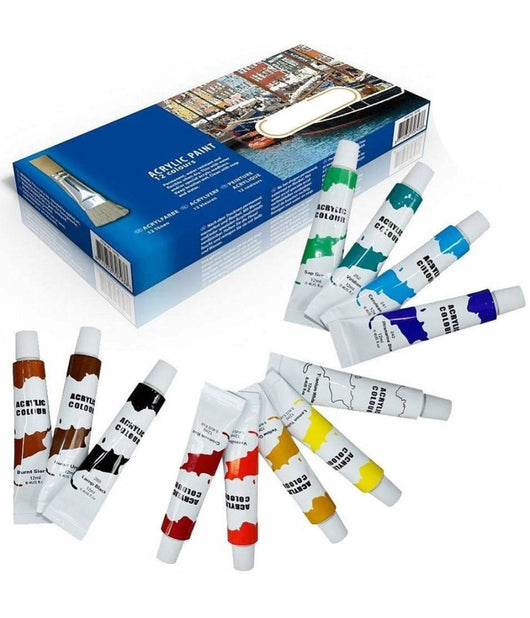 Pittura Acrilica Confezione 12 Pezzi Acquerelli Vari Colori Tubo 12 Ml         