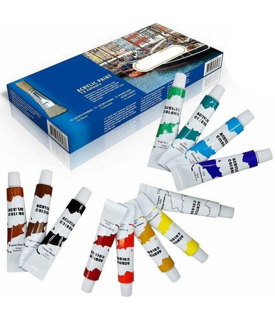 Pittura Acrilica Confezione 12 Pezzi Acquerelli Vari Colori Tubo 12 Ml         