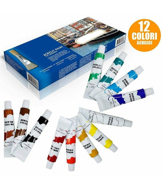 Pittura Acrilica Confezione 12 Pezzi Acquerelli Vari Colori Tubo 12 Ml         