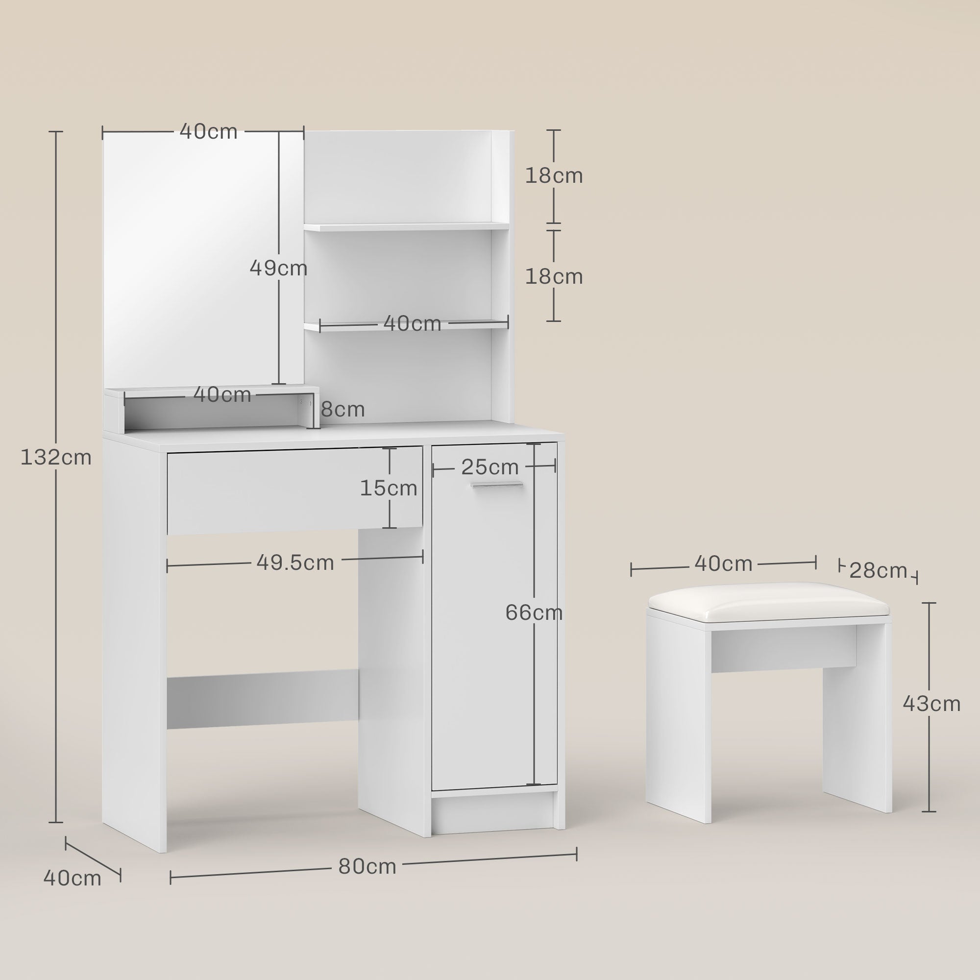 Consolle Trucco con Specchio e Sgabello 80x40x132 cm Bianco