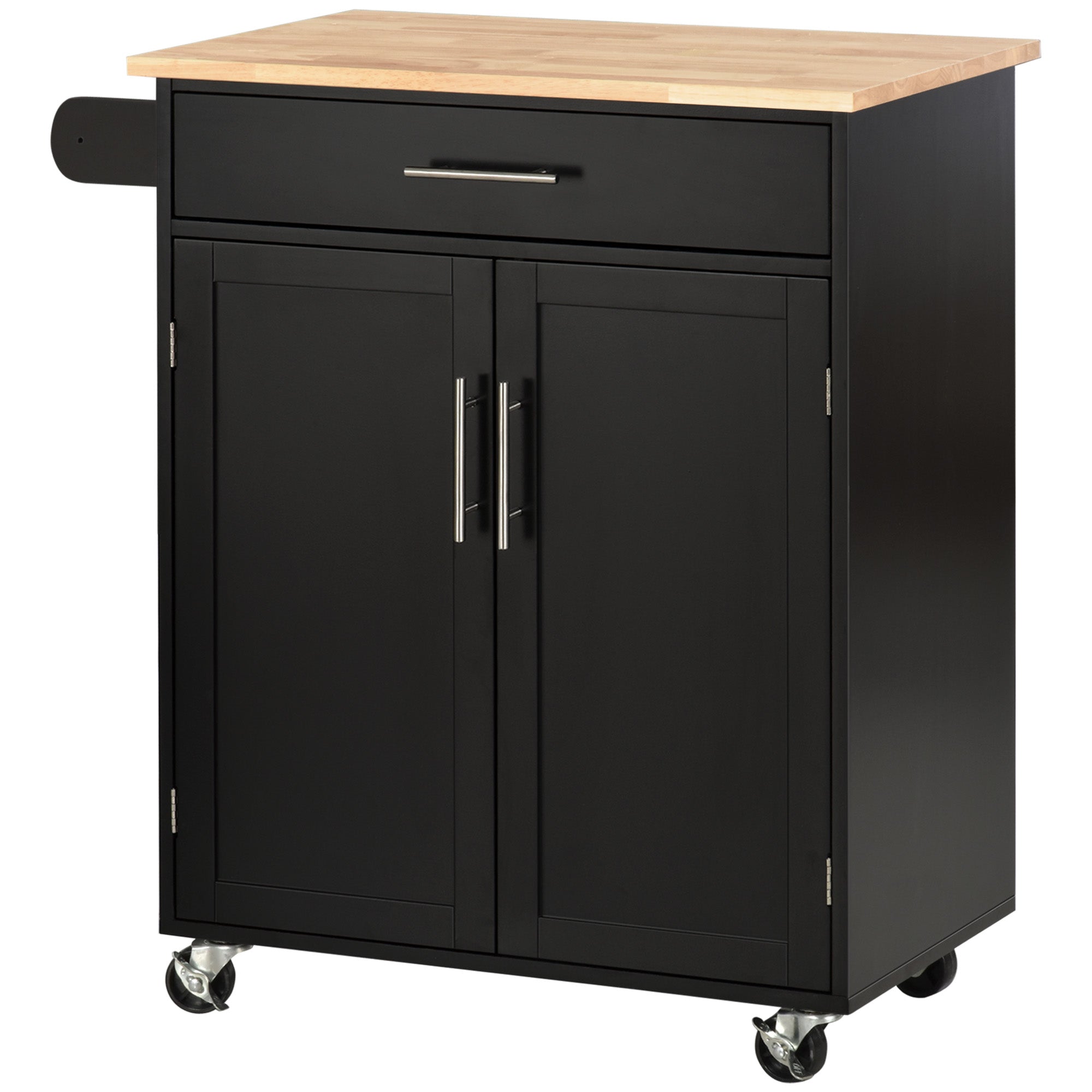 Carrello da Cucina 83x45x91,5 cm con Cassetto e Armadietto 2 Ante Ruote e Barra Laterale Nero