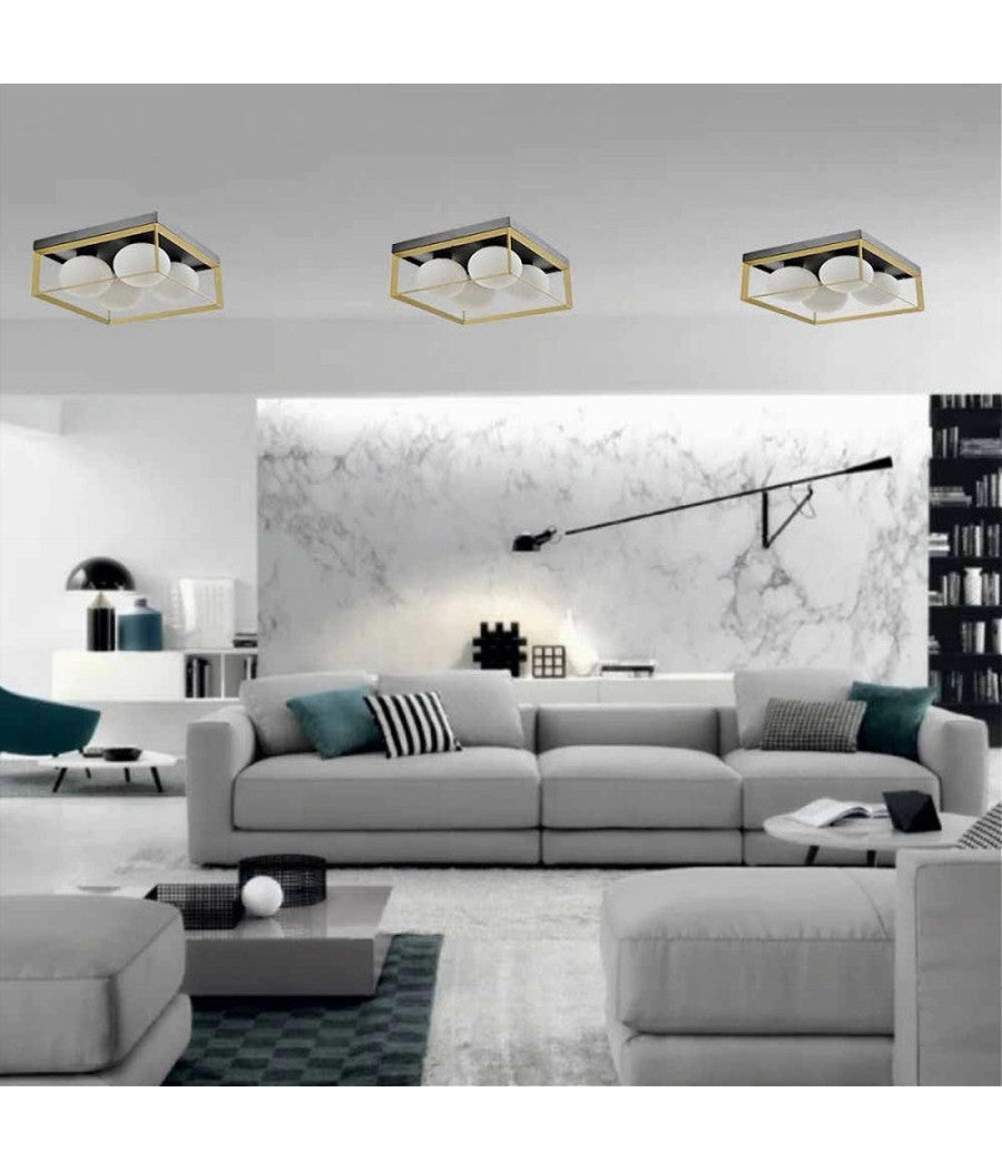 Plafoniera Da Soffitto Lampada In Metallo Nero Bronzo Con 4 Sfere Vetro G9 C76-4         