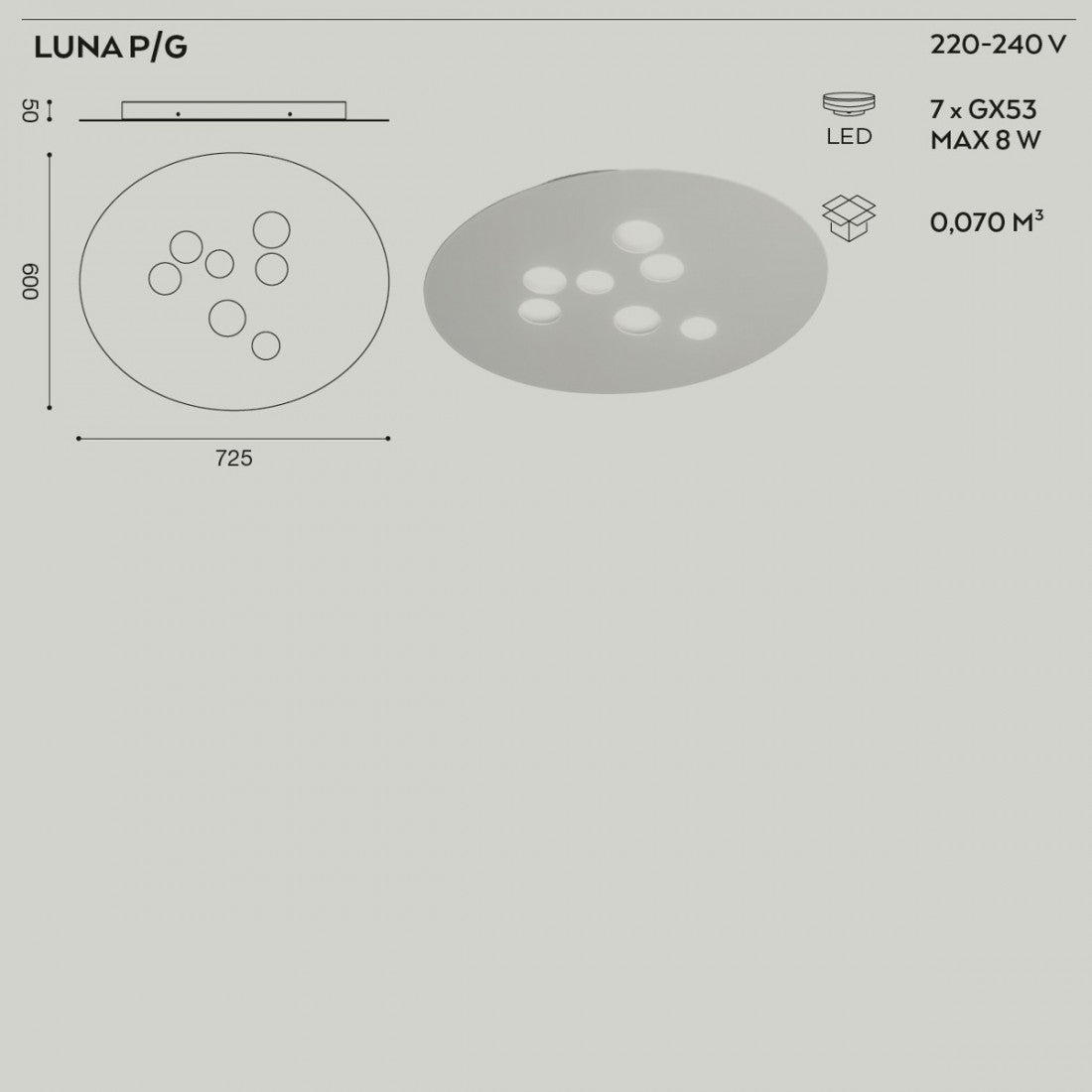 Plafoniera ge-luna pg gx53 led 72x60 alluminio metacrilato lampada soffitto moderno interno, finitura metallo tortora