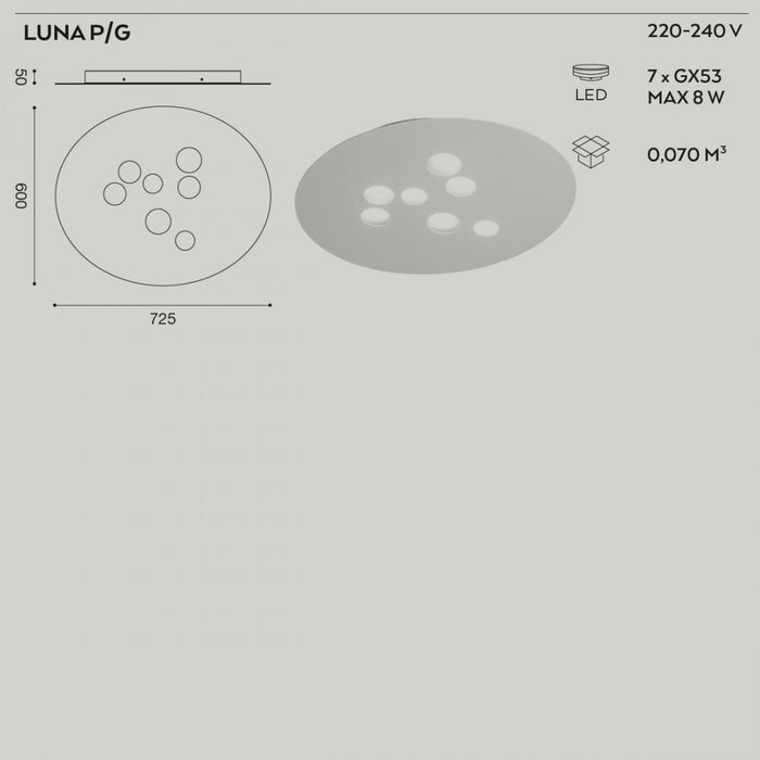 Plafoniera ge-luna pg gx53 led 72x60 alluminio metacrilato lampada soffitto moderno interno, finitura metallo tortora