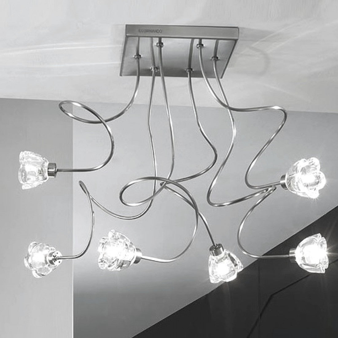 Plafoniera illuminando ginevra clara 6 g9 led lampada soffitto vetri fiore trasparente bracci modellabili