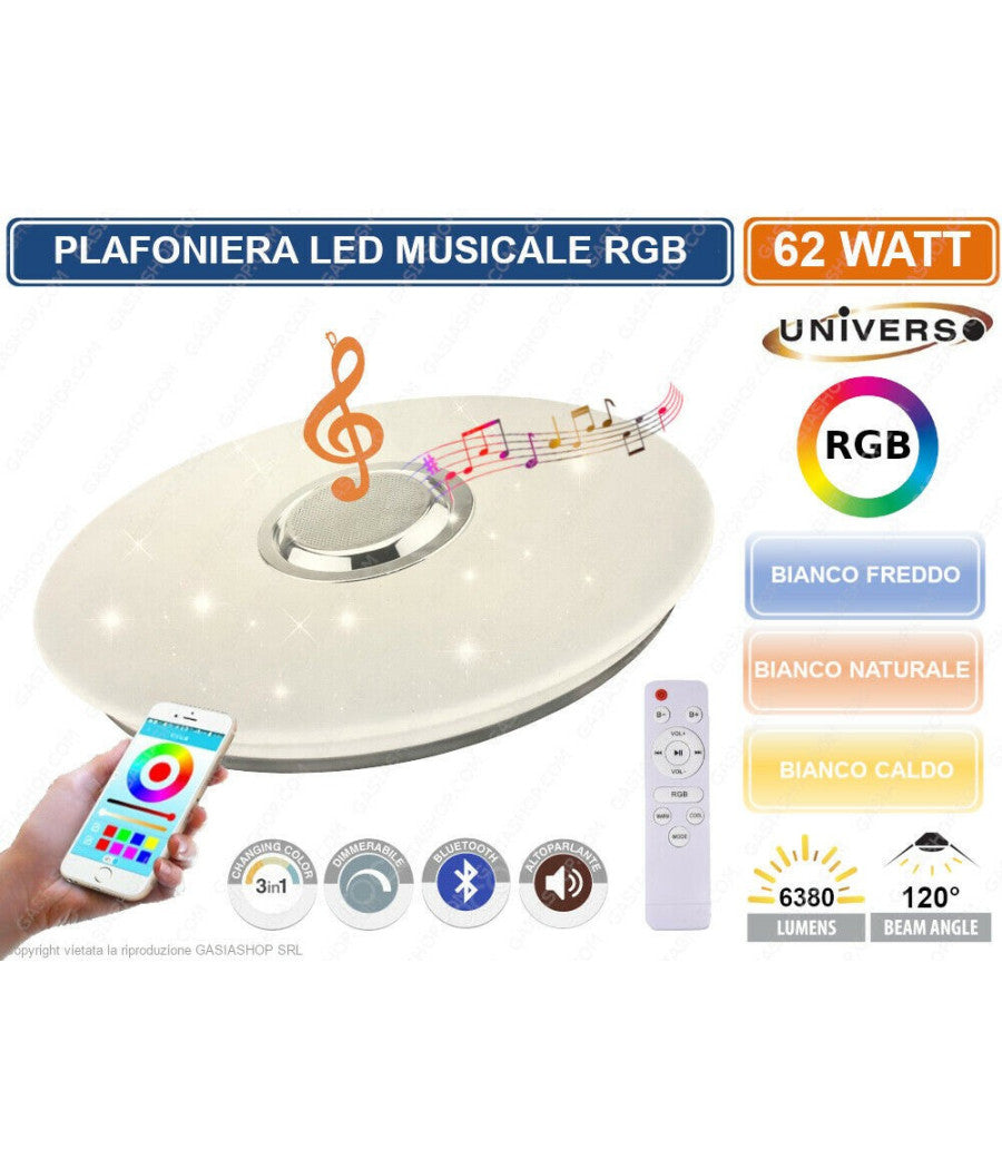 Plafoniera Led 3in1 Rgb 62w Circolare Cielo Stellato Bluetooth Altoparlante App         