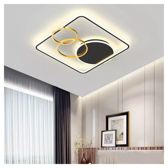 Trade Shop - Plafoniera Led 55w Quadrato Con Cerchi Nero Oro Lampada Soffitto Luce 4000k 70890         