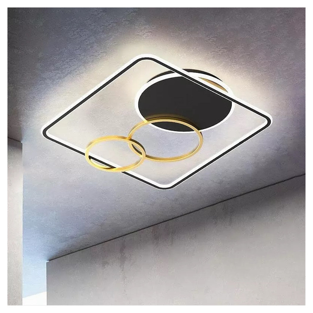 Trade Shop - Plafoniera Led 55w Quadrato Con Cerchi Nero Oro Lampada Soffitto Luce 4000k 70890         