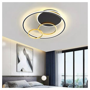 Trade Shop - Plafoniera Led 55w Tondo Con Cerchi Nero Oro Lampada Da Soffitto Luce 4000k 70876         