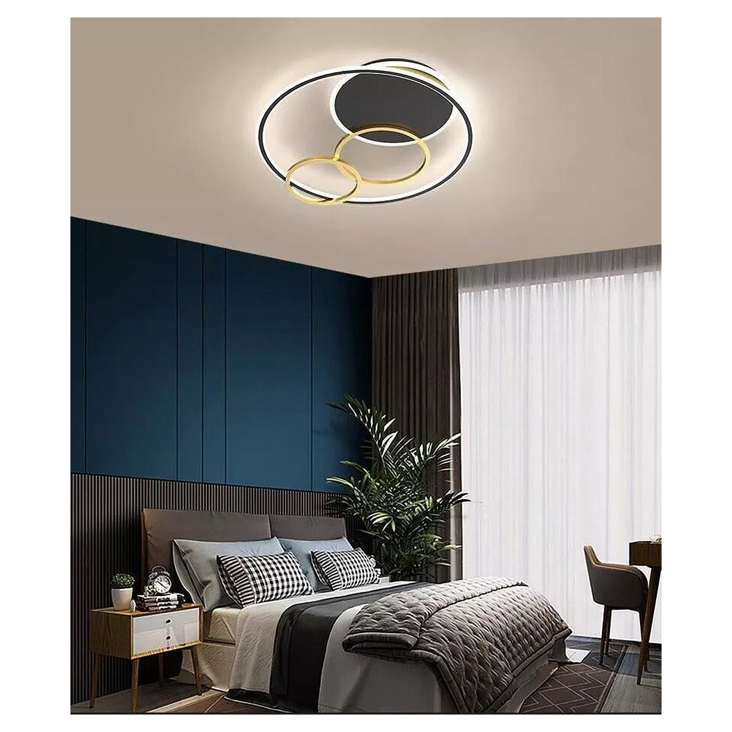 Trade Shop - Plafoniera Led 55w Tondo Con Cerchi Nero Oro Lampada Da Soffitto Luce 6500k 70883         