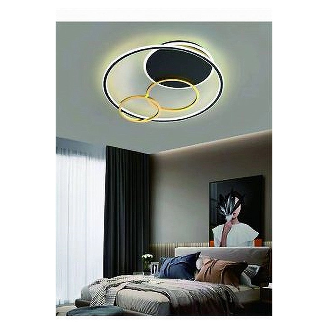 Trade Shop - Plafoniera Led 55w Tondo Con Cerchi Nero Oro Lampada Da Soffitto Luce 6500k 70883         