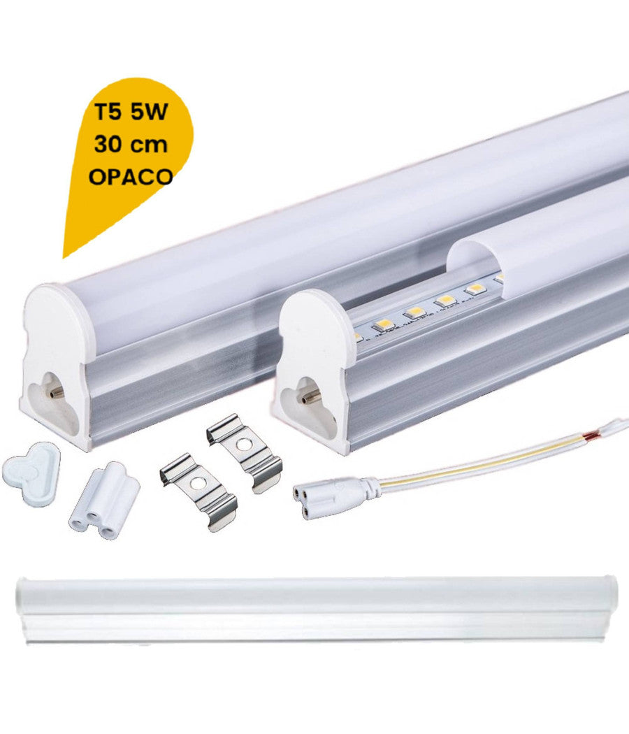 Plafoniera Led Neon T5 Sotto Pensile Reglette Tubo Vetro Opaco 5 Watt 30cm T5-30  -bianco Freddo      -