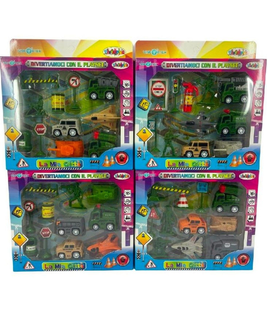 Playset Militare Assortito Con Vari Pezzi Gioco Bambini Veicoli Macchine Segnali         