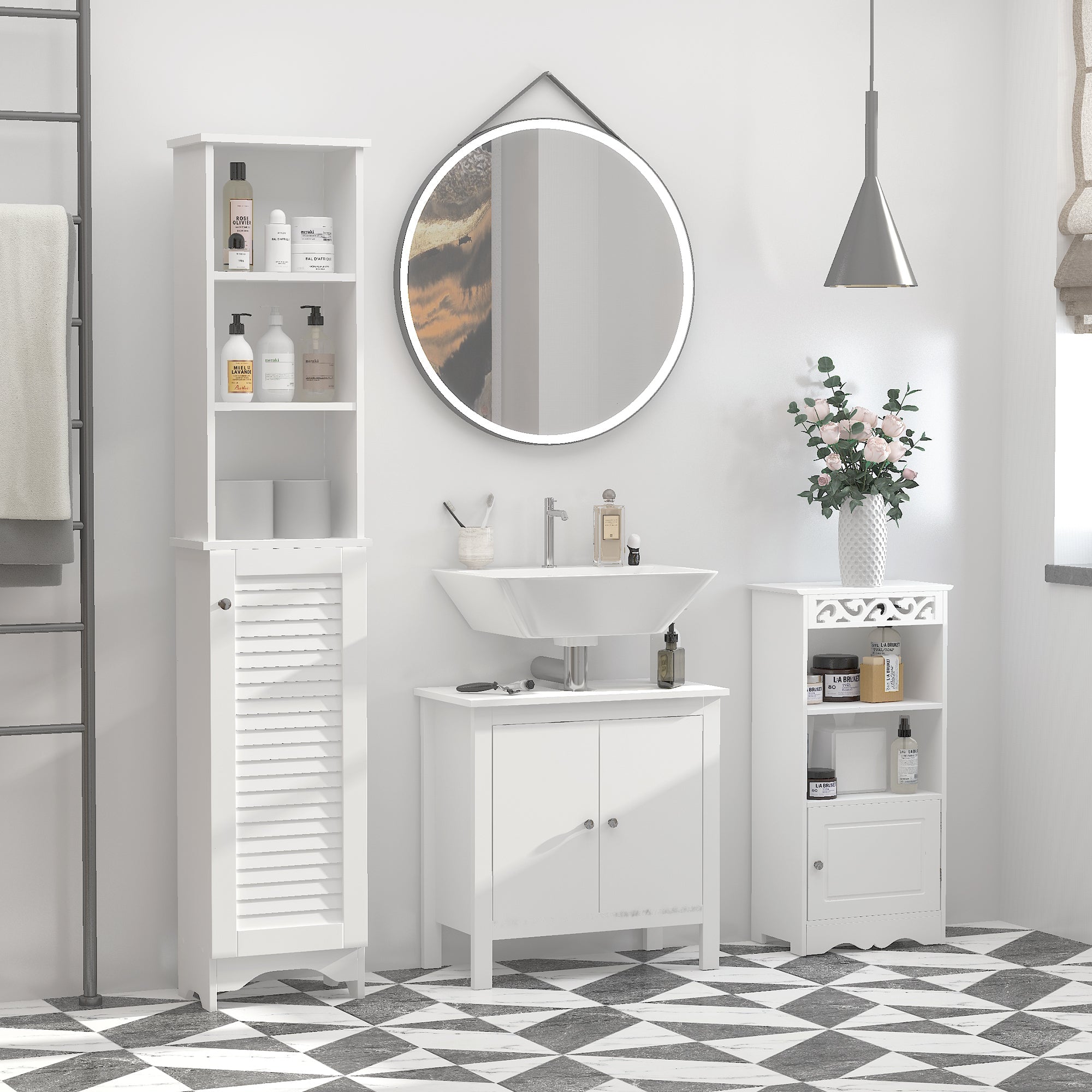 Colonna Bagno con Ripiano a 3 Livelli e Armadietto Chiuso 34x20x165 cm in MDF e Truciolato Bianco