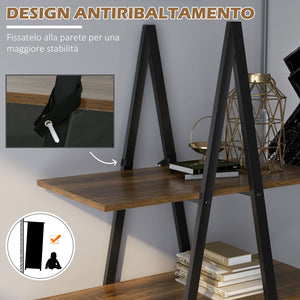 Libreria 4 Livelli a Forma di A 92x38,5x166 cm in Truciolato e Acciaio Marrone Rustico e Nero