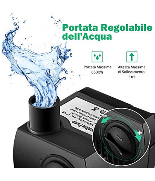 Pompa Per Acqua Da Acquario Per Pesci 850 L/h Ad Immersione 12w 220v Regolabile         