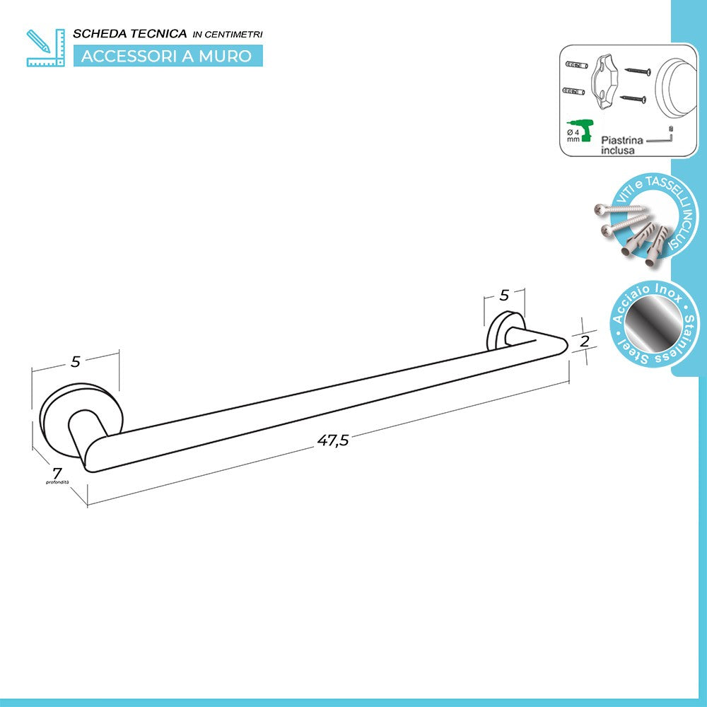 Porta asciugamani a muro 50 cm in acciaio inox satinato Galassia Kit di fissaggio incluso