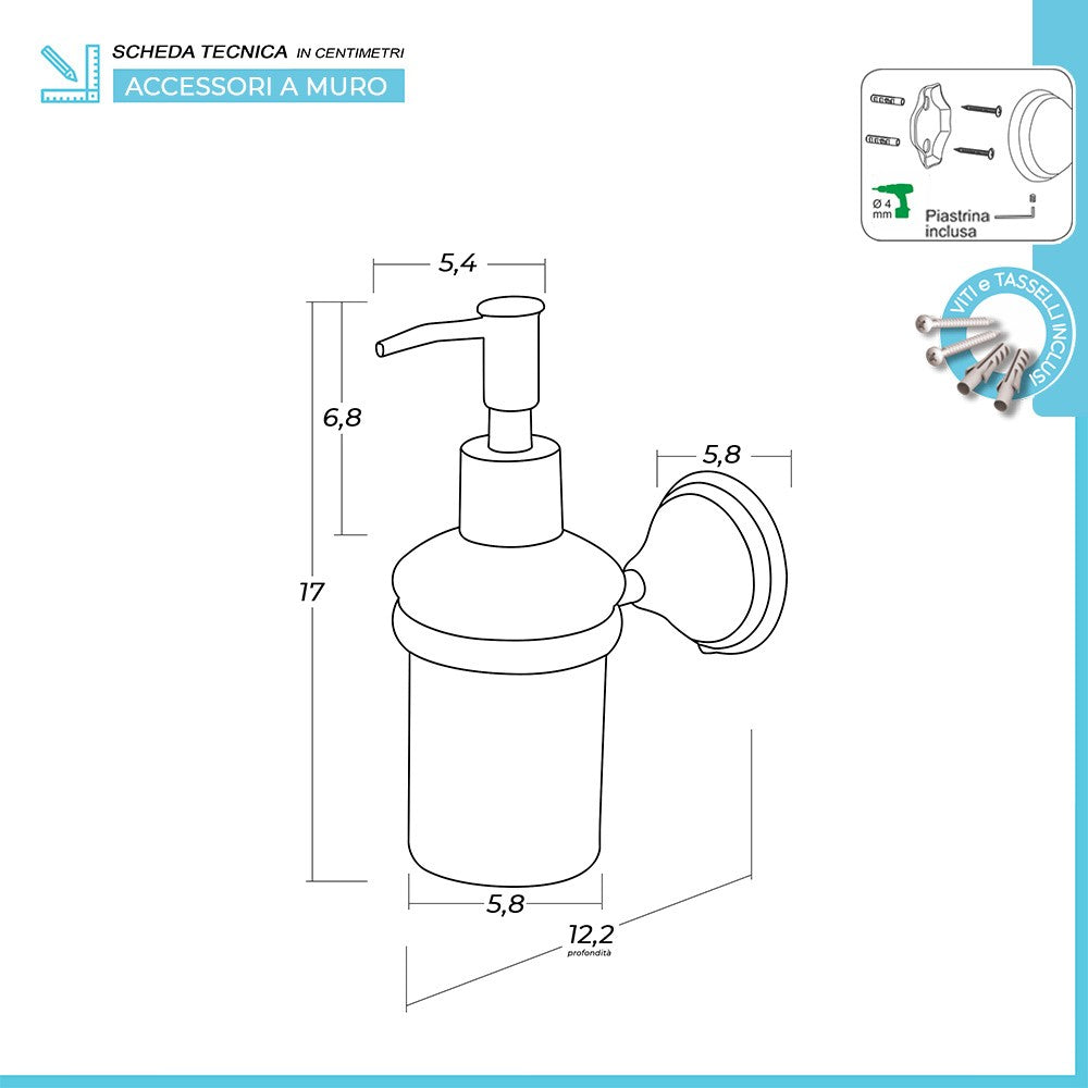 Porta dispenser sapone liquido da muro in acciaio finitura bronzo Iris kit fissaggio incluso