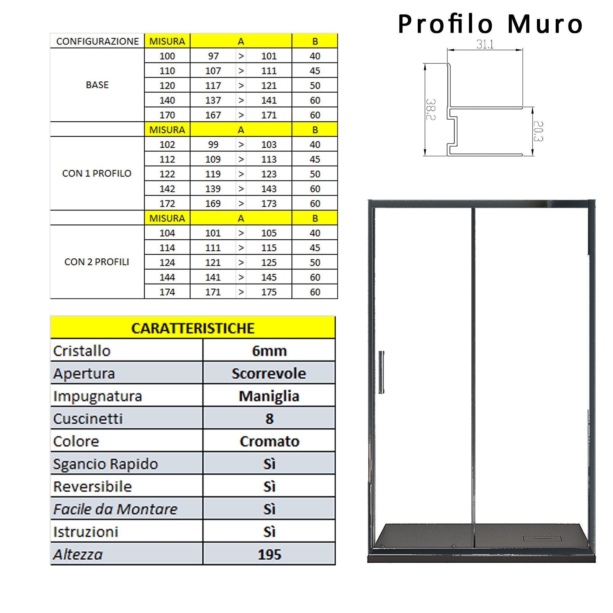 Porta Parete Doccia 140 cm 1 anta Scorrevoli con Profili Neri in Cristallo trasparente 6mm H195 Bonussi Sole