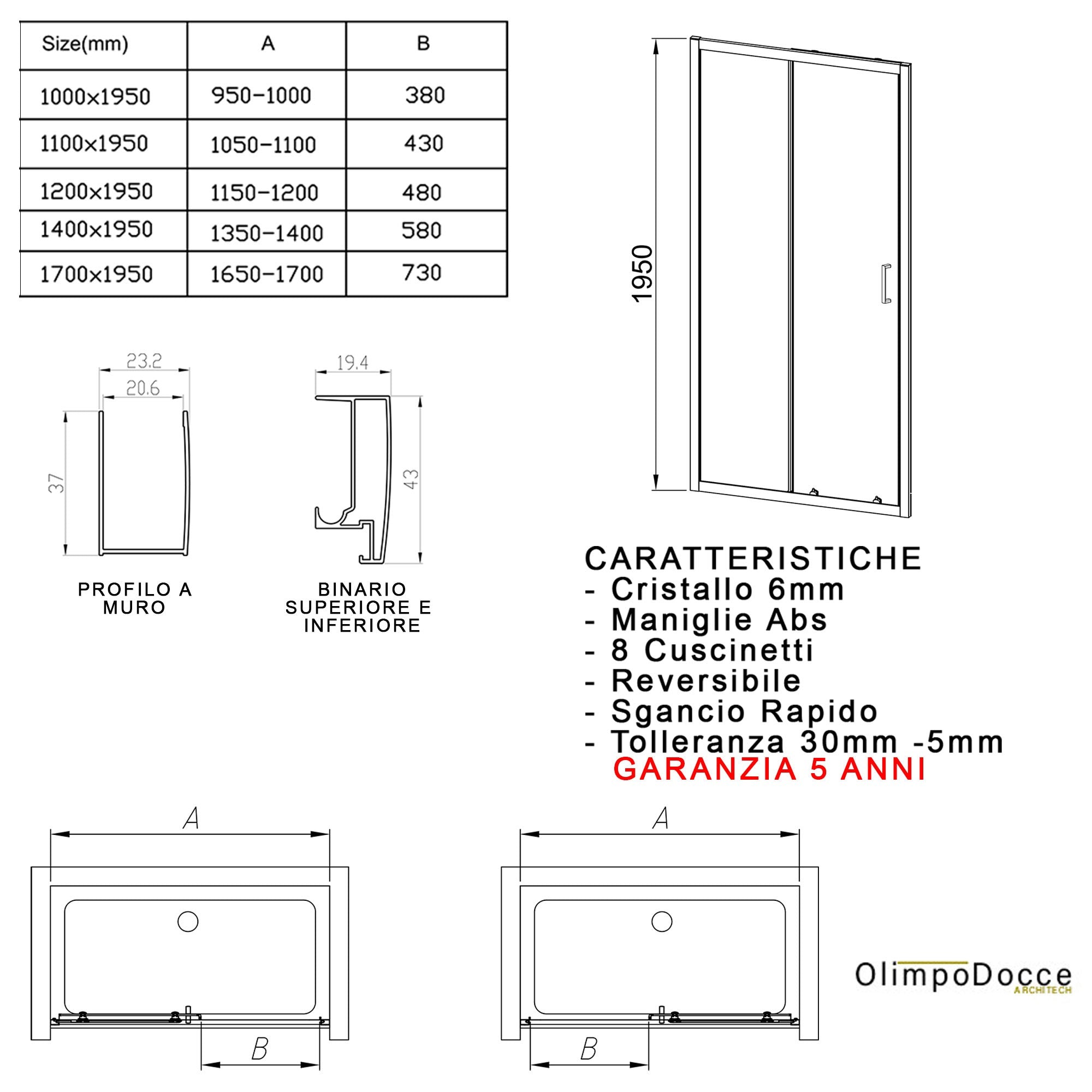 Porta Parete Doccia 140 cm 1 anta Scorrevole in Cristallo Trasparente 6mm H195 Bonussi Mattia