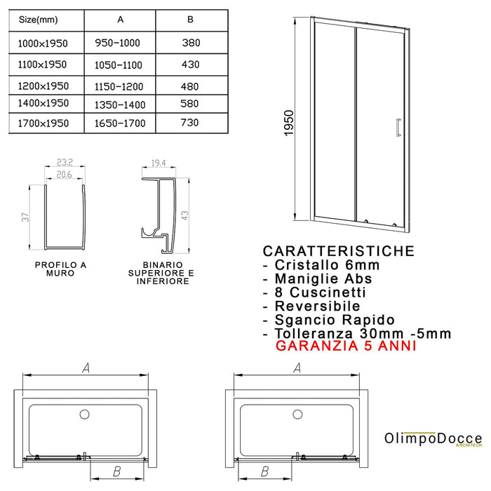 Porta Parete Doccia 140 cm 1 anta Scorrevole in Cristallo Trasparente 6mm H195 Bonussi Mattia