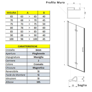 Porta doccia pieghevole nicchia soffietto anticalcare 6mm h195 rea, misura 85