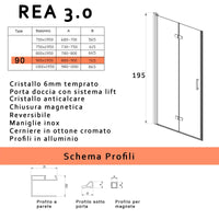 Porta doccia pieghevole nicchia soffietto anticalcare 6mm h195 rea, misura 90