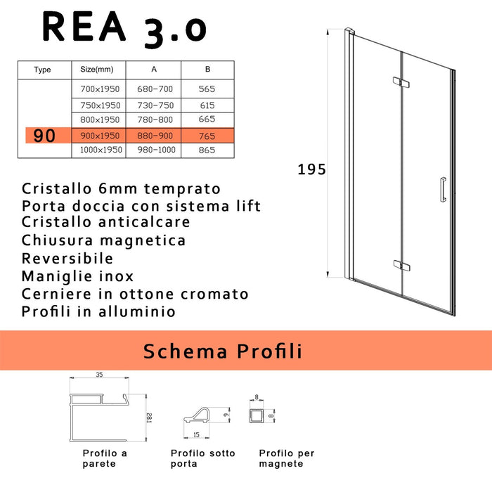 Porta doccia pieghevole nicchia soffietto anticalcare 6mm h195 rea, misura 90