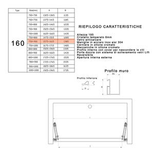 Porta doccia pieghevole ingresso centrale h195cm 6mm rea, misura 160