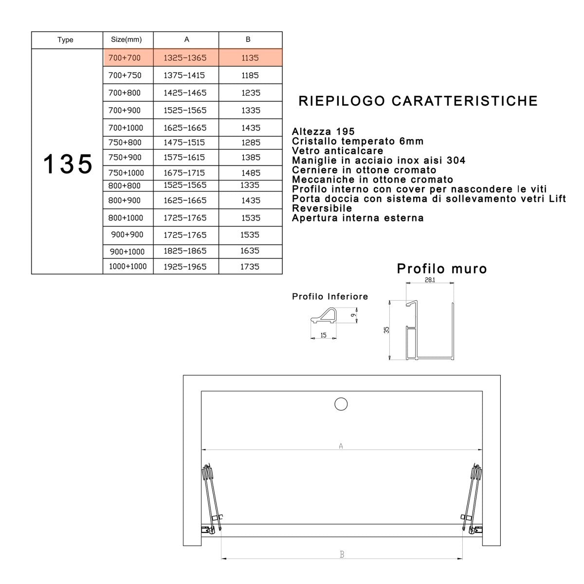 Porta doccia pieghevole ingresso centrale h195cm 6mm rea, misura 135