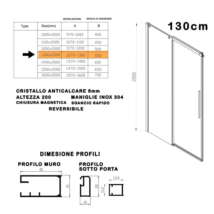 Porta doccia anta scorrevole 8mm h200 trasparente target, misura 130