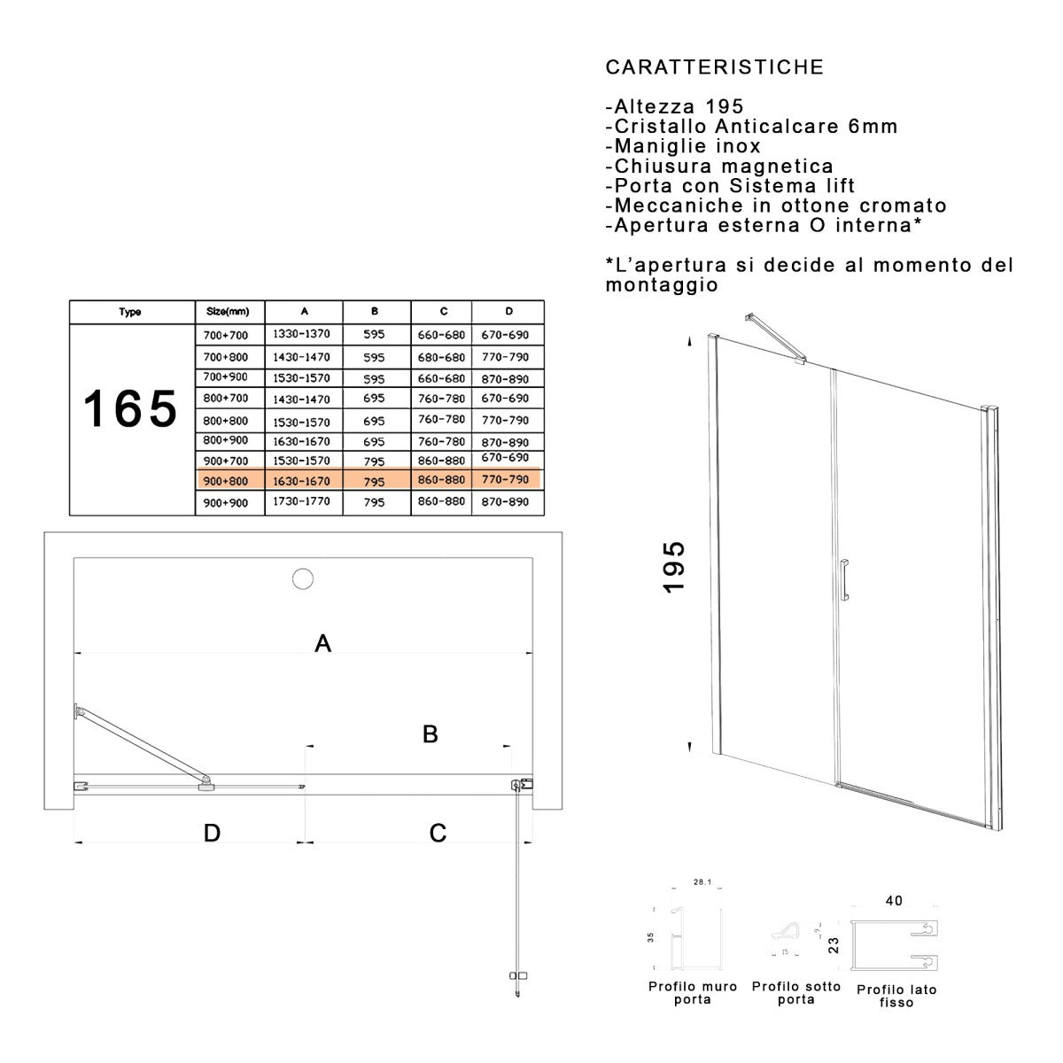 Porta doccia battente 6mm h195 anticalcare salema, misura 165