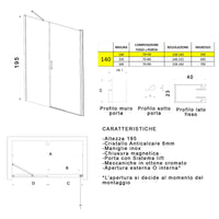 Porta doccia battente 6mm h195 anticalcare salema, misura 140