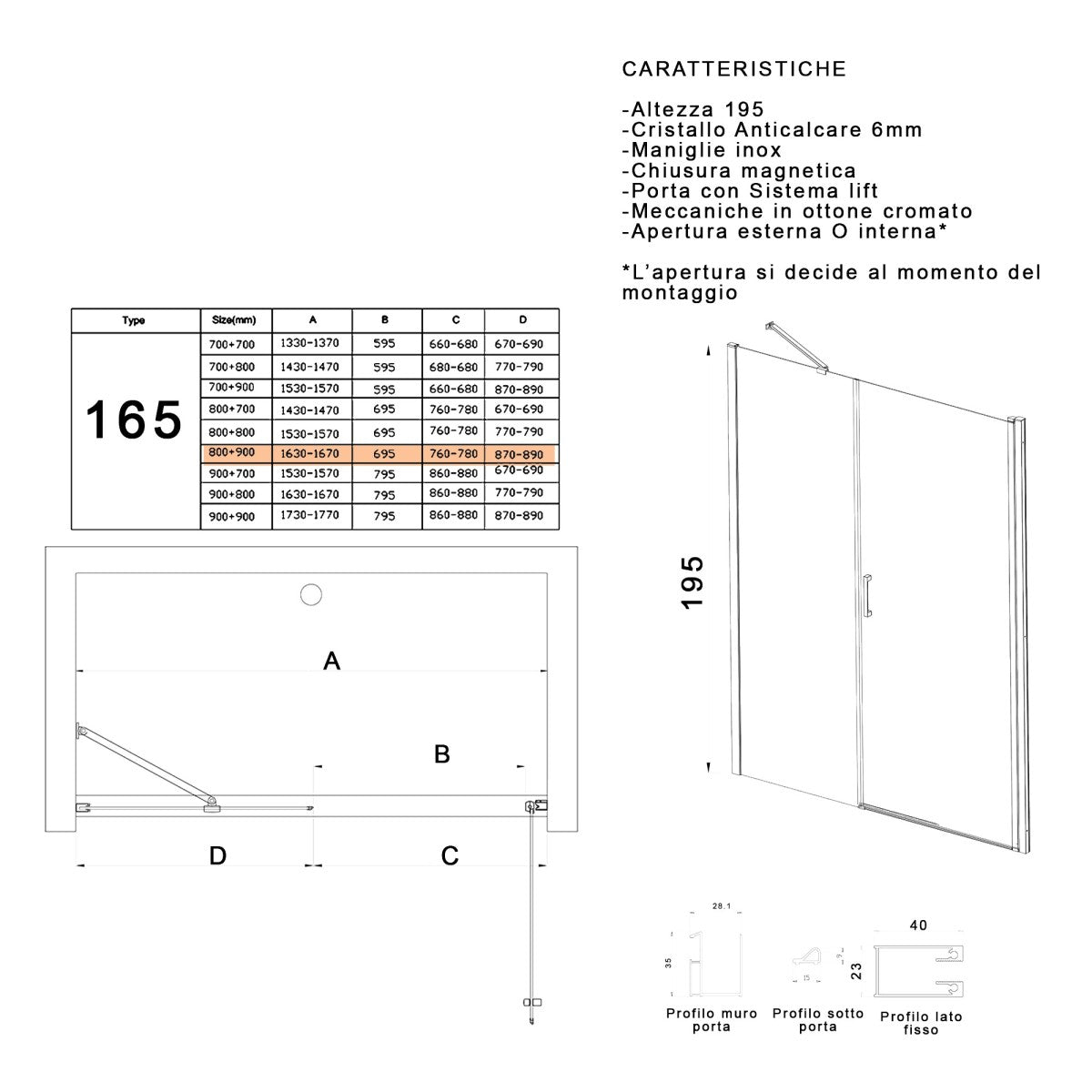 Porta doccia battente 6mm h195 anticalcare salema, misura 165