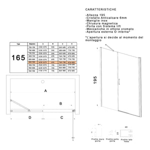 Porta doccia battente 6mm h195 anticalcare salema, misura 165