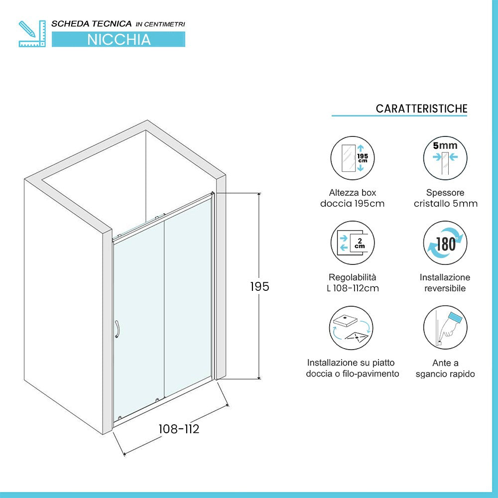 Porta doccia nicchia 110 cm cromato scorrevole con vetro stampato Tay 