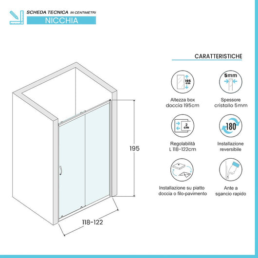 Porta doccia nicchia 120 cm nero opaco con vetro scorrevole Tay 