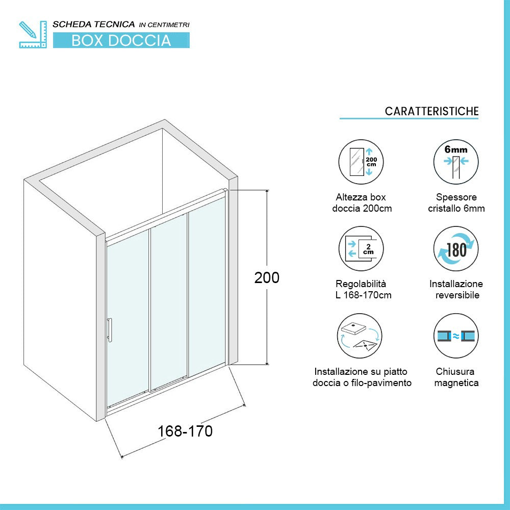 Porta doccia nicchia 170 cm scorrevole 3 ante opache H 200 cm Ted