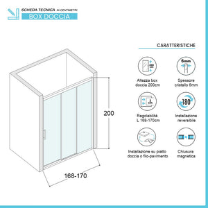 Porta doccia nicchia 170 cm scorrevole 3 ante opache H 200 cm Ted