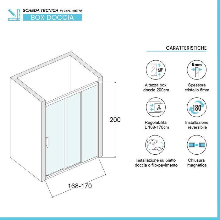 Porta doccia nicchia 170 cm scorrevole 3 ante opache H 200 cm Ted