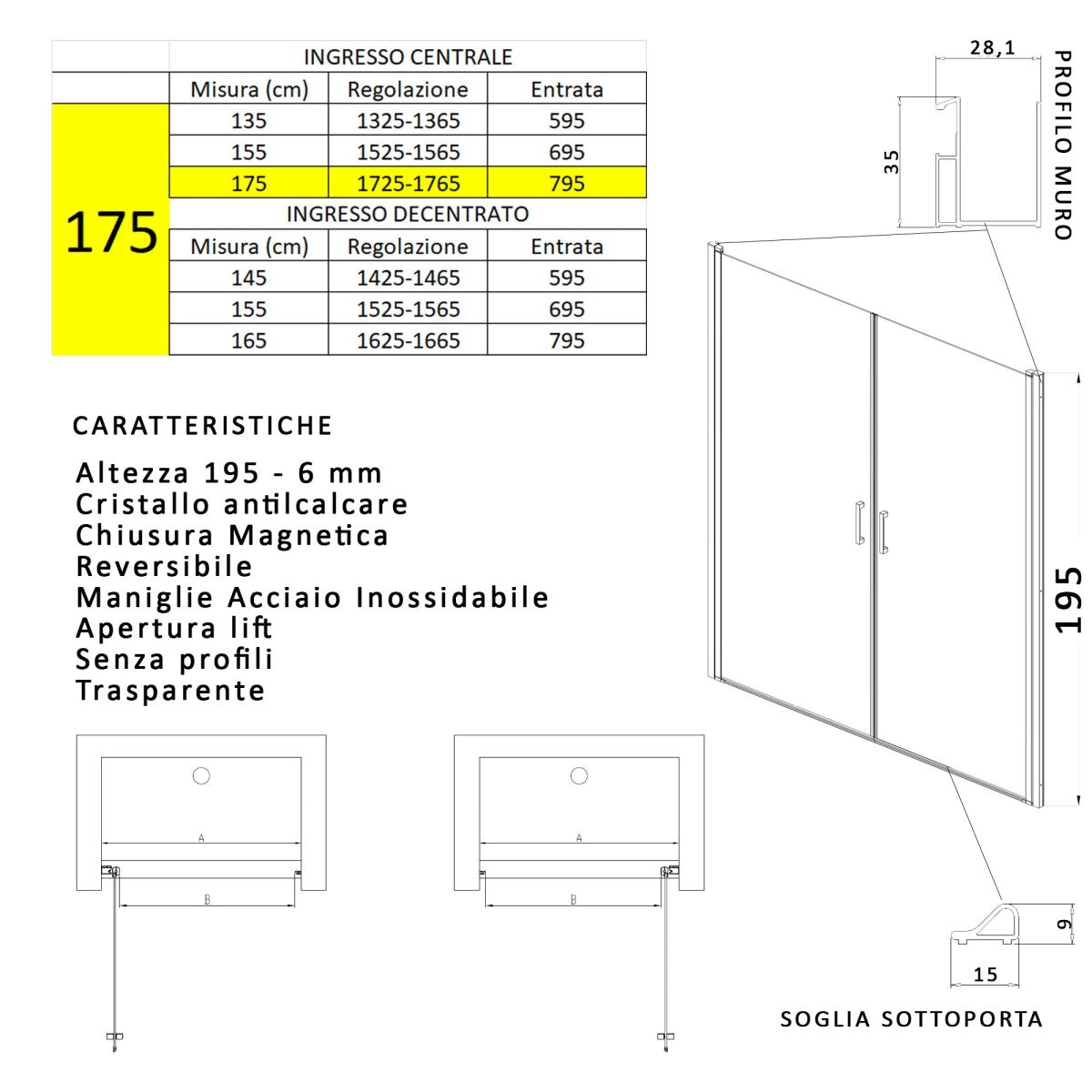Porta doccia apertura saloon nicchia battente 6 mm h195 anticalcare salema, misura 175