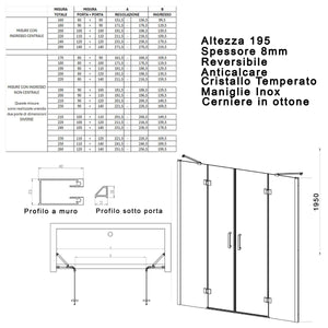 Porta doccia con due porte battenti trasparente 8mm regina, misura 180