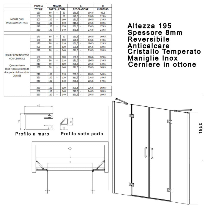 Porta doccia con due porte battenti trasparente 8mm regina, misura 180