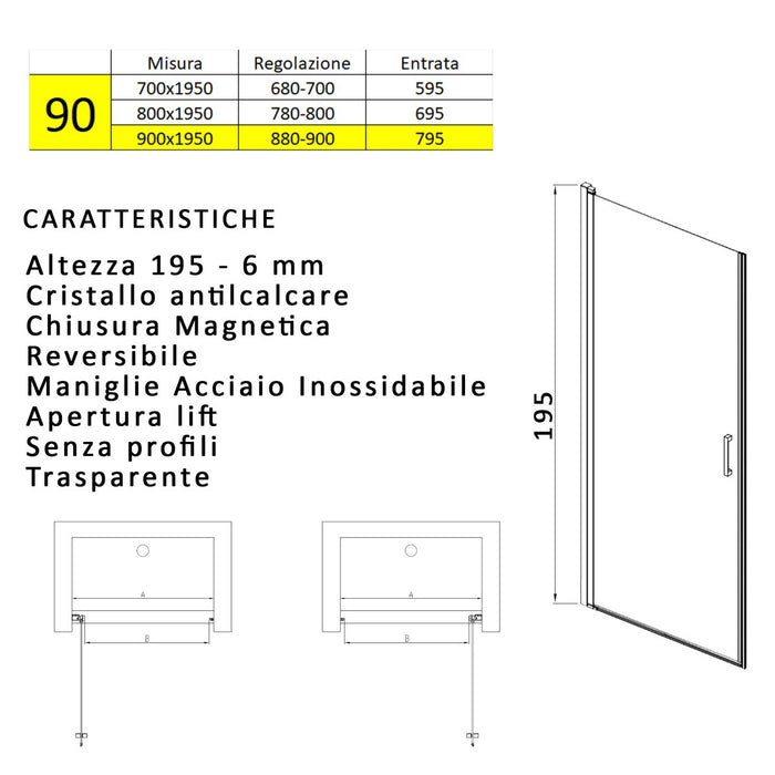 Porta doccia battente nicchia 6mm h195 anticalcare salema, misura 90