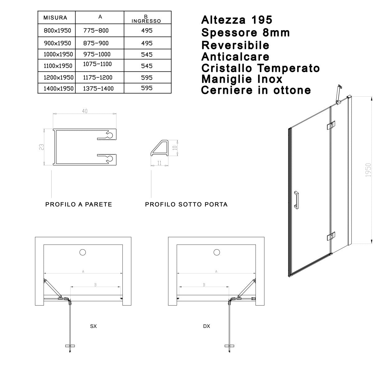 Porta doccia nicchia battente trasparente 8mm h195cm regina, misura 120