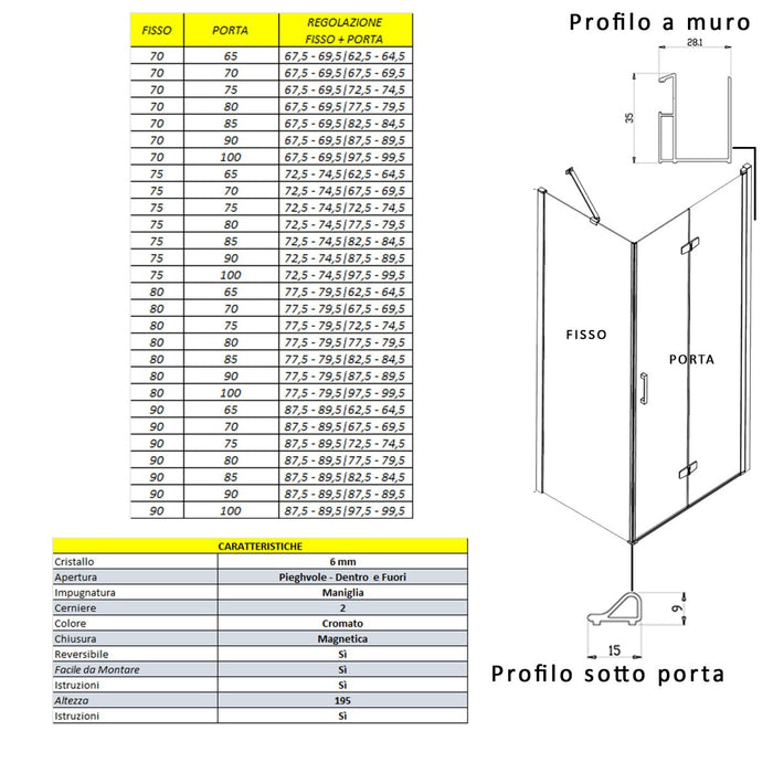 Porta doccia 2 lati porta pieghevole e lato fisso h195cm 6mm rea, misura 70x75