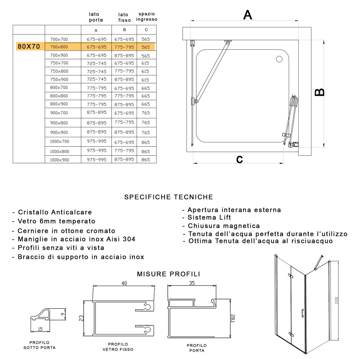 Porta doccia 2 lati porta pieghevole e lato fisso h195cm 6mm rea, misura 80x70