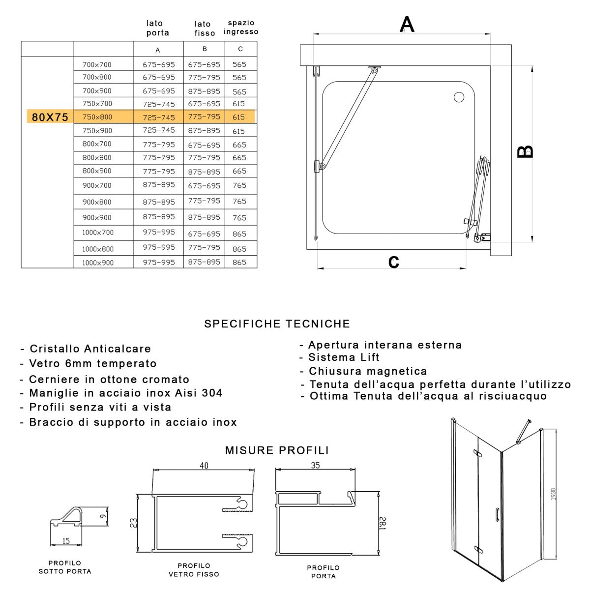 Porta doccia 2 lati porta pieghevole e lato fisso h195cm 6mm rea, misura 80x75