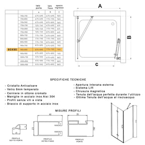 Porta doccia 2 lati porta pieghevole e lato fisso h195cm 6mm rea, misura 80x90